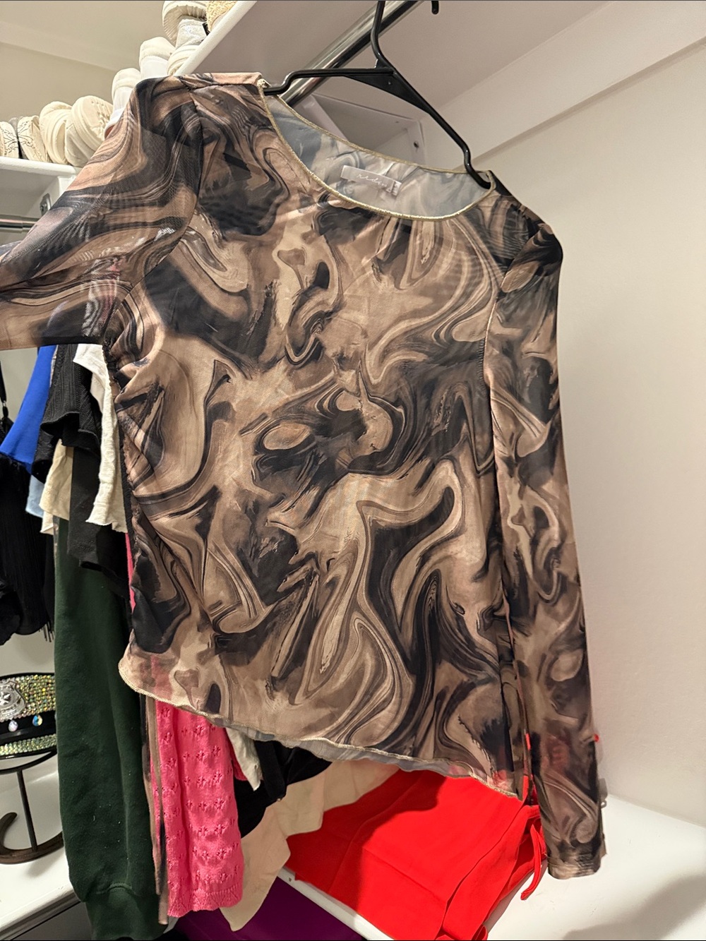 Sheer Marble-Print Long-Sleeve Top - Taupe/Black